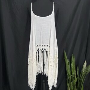 White Crochet Fringe Tunic Top M Beach Boho Festival Resort Swim Cover Up Flowy